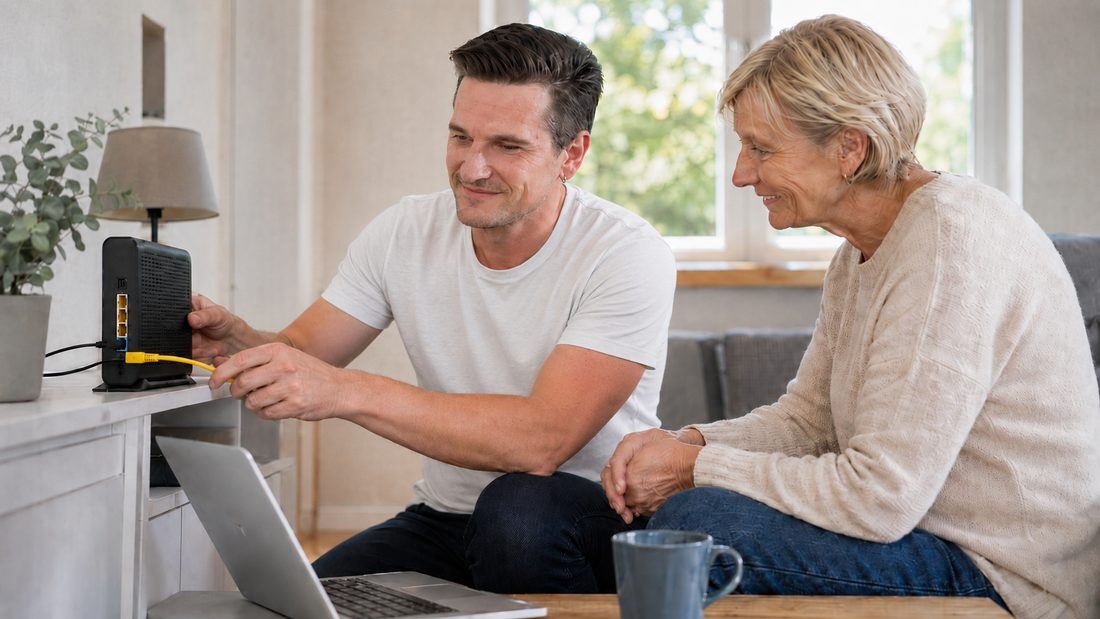 Dennis Bollert schließt bei einer Kundin zu Hause den Router an